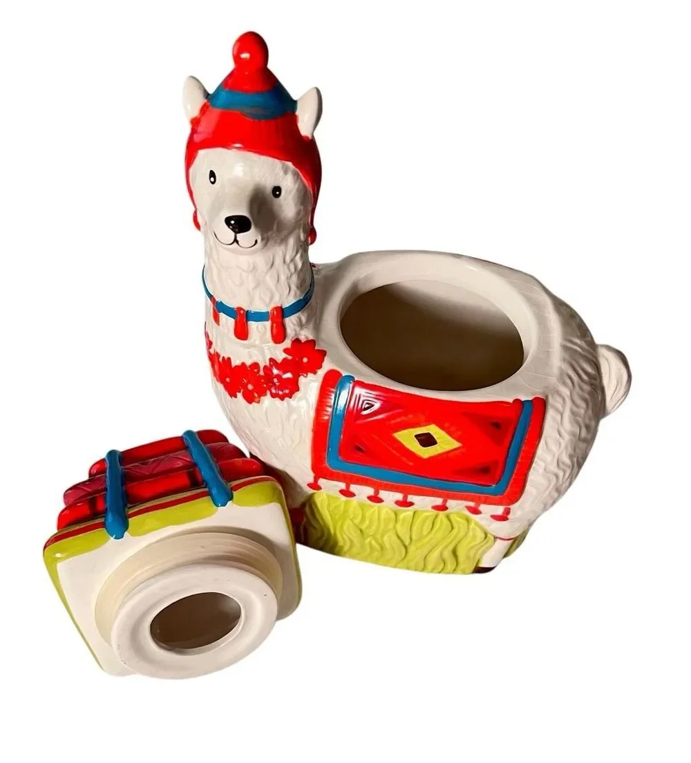 World Market Vibrant Llama Alpaca Cookie Jar Planter Carrying Presents 11” NWT